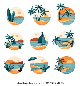 Tropical Landscape With Shining Sun And Sandy Beach With Palm Tree In Circle Vector Set