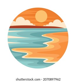 Tropical Landscape with Shining Sun and Sandy Beach in Circle Closeup Vector Illustration