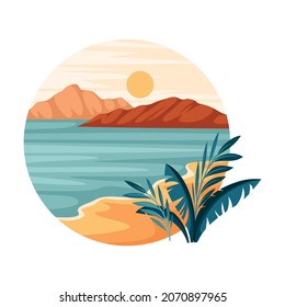 Tropical Landscape with Shining Sun and Sandy Beach with Flora in Circle Closeup Vector Illustration