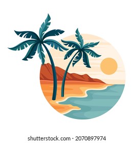 Tropische Landschaft mit leuchtender Sonne und Sandstrand mit Palmenbaum in Circle Nahaufnahme Vektorgrafik
