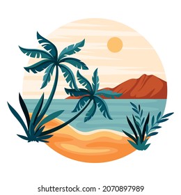Tropical Landscape with Shining Sun and Sandy Beach with Palm Tree in Circle Closeup Vector Illustration
