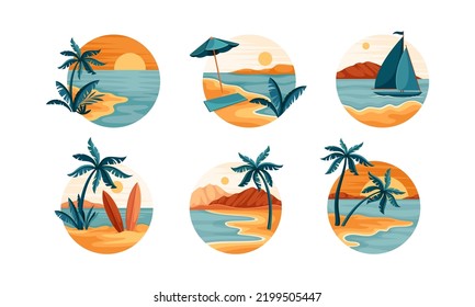 Tropical Landscape with Shining Sun and Sandy Beach with Palm Tree in Circle Vector Set