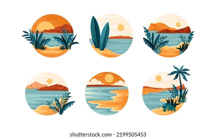 Tropical Landscape with Shining Sun and Sandy Beach with Palm Tree in Circle Vector Set