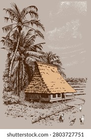 Tropical landscape. A small house in a palm grove. An idyllic image. A pen sketch converted to vector.