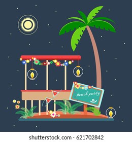 Tropical landscape in the style of flat. A pointer with a  flowers. A beach house decorated with flowers and lamps. The palm tree on night sky background with moon. 