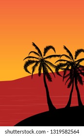 Tropical landscape. Summer background. Palm trees silhouette. Vector illustration 