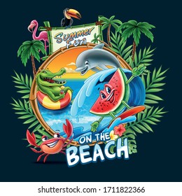 tropical landscape in summer with cartoon characters