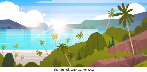 Tropical Landscape Summer Seaside Beach With Palm Tree And Mountains Flat Vector Illustration