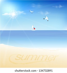 Tropical landscape Summer written on golden sandy beach