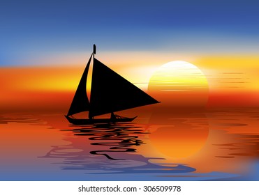 A Tropical Landscape Sunset with a boat