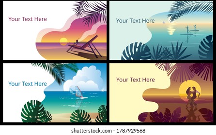Tropical landscape with a sunset on the sea and a sun chair. Template for a horizontal banner.
