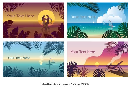 Tropical landscape with a sunset on the sea and a sun chair. Template for a horizontal banner.
