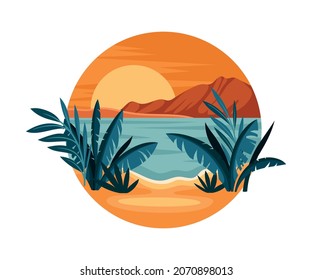 Tropical Landscape with Sunset and Sandy Beach with Flora in Circle Closeup Vector Illustration