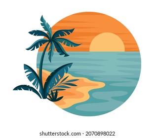 Paisaje tropical con puesta de sol y playa de arena con palmera en círculo cerrado Vector Ilustración