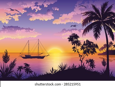 Tropical Landscape, Sunset Sea, Palm Trees and Flowers, Ship and Birds Gulls in the Sky with Clouds. Eps10, Contains Transparencies. Vector