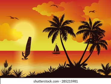 Tropical Landscape, Sunset Sea, Palm Trees and Flowers, Ship and Birds Gulls in the Sky with Clouds. Eps10, Contains Transparencies. Vector