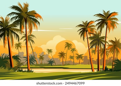 Tropical landscape with tall palm trees against the backdrop of sunset or sunrise. A pond with lush greenery, many palm trees of different sizes and blue sky trees. Tropics vector illustration. Oasis.