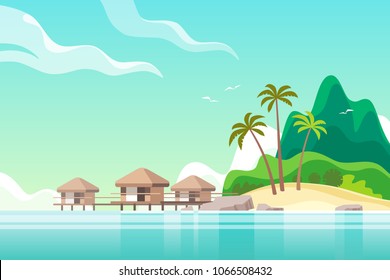 Tropical landscape with tourist huts on the coast. Summer vacation. Vector illustration.