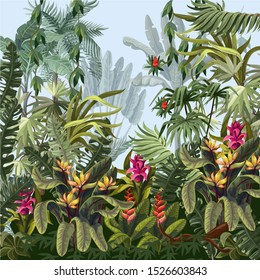 Tropical landscape with trees and flowers.