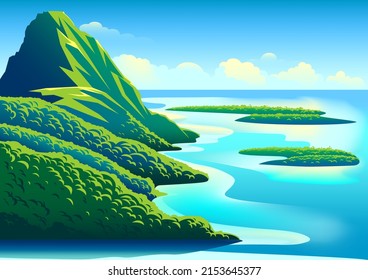Tropical landscape and trees  mountains  islands  clouds   the sea in the background  Handmade drawing vector illustration  Retro style poster 