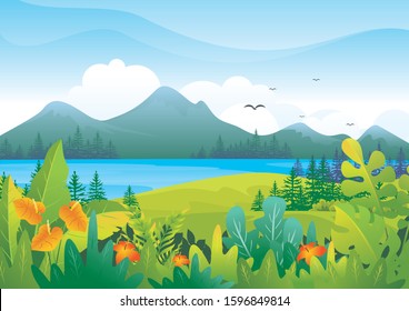 Tropical Landscape vector background Illustration, beautiful of a jungle landscape with leaves and foliage of tropical plants, trees, grass and mountain