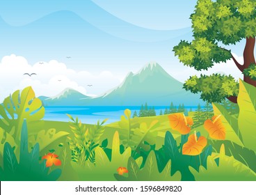 Tropical Landscape vector background Illustration, beautiful of a jungle landscape with leaves and foliage of tropical plants, trees, grass and mountain