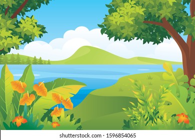 Tropical Landscape vector background Illustration, beautiful of a jungle landscape with leaves and foliage of tropical plants, trees, grass and mountain