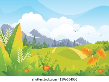 Tropical Landscape vector background Illustration, beautiful of a jungle landscape with leaves and foliage of tropical plants, trees, grass and mountain
