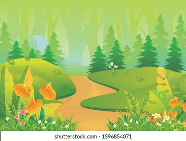 Tropical Landscape vector background Illustration, beautiful of a jungle landscape with leaves and foliage of tropical plants, trees, grass and mountain