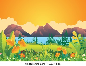 Tropical Landscape vector background Illustration, beautiful of a jungle landscape with leaves and foliage of tropical plants, trees, grass and mountain