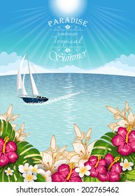 Tropical landscape  vegetation with boat -editable-transparency blending effects and gradient mesh-EPS 10.