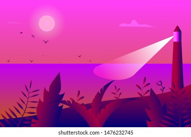 Tropical Landscape, View From the Shore with Fencing, Palm Trees and Plants, Lighthouse in the Sea and Seagulls in the Sky with moon and Clouds. Eps10, Contains. Vector