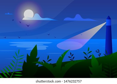 Tropical Landscape, View From the Shore with Fencing, Palm Trees and Plants, Lighthouse in the Sea and Seagulls in the Sky with moon and Clouds. Eps10, Contains. Vector