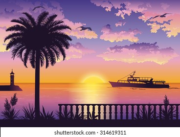 Tropical Landscape, View From the Shore with Fencing, Palm Trees and Plants, Ships and a Lighthouse in the Sea and Seagulls in the Sky with Sun and Clouds. Eps10, Contains Transparencies. Vector