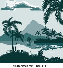 Tropical landscape, view from the shore with palm trees and plants, island and mountains in the distance. Vector illustration. Eps 10