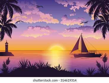 Tropical Landscape, View From the Shore with Palm Trees and Plants, Sailing Ships and a Lighthouse in the Sea and Seagulls in the Sky with Sun and Clouds. Eps10, Contains Transparencies. Vector