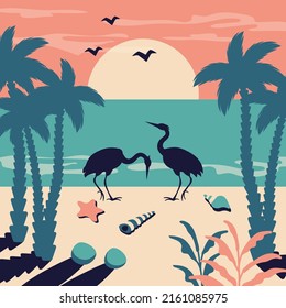 Tropical Landscape vintage. Summer beach background. Beautiful seascape with silhouettes of exotic palm leaves, flamingo, starfish, seashells, coconuts. Vector flat illustration 