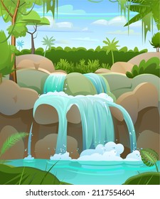 Tropical landscape with waterfall among rocks. Cascade shimmers downward. Palms and rainforest in distance. Water flowing. Cool cartoon style. Vector.