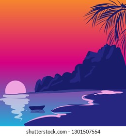 Tropical landscape with wave, trees, sand. Holiday vector illustration