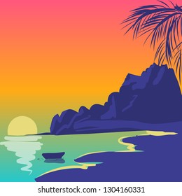 Tropical landscape with wave, trees, sand. Holiday vector illustration