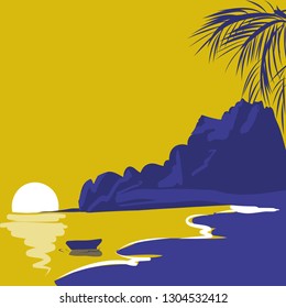 Tropical landscape with wave, trees, sand. Holiday vector illustration