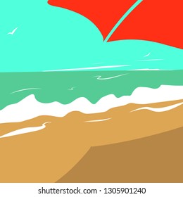 Tropical landscape with wave, trees, sand. Holiday vector illustration