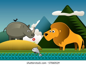 Tropical landscape with wild animals. Vector illustration.