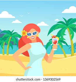 Tropical landscape. Woman on vacation with a cocktail.