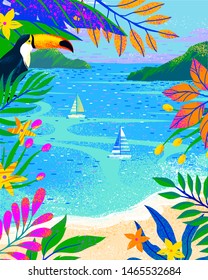 Tropical landscape.View from the shore with trees,plants,toucan and flowers.Island,mountains and boats in the distance.Exotic background perfect for prints,flyers,banners,invitations,ads,social media