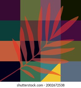 A tropical large leaf on a background of colorful squares. The vector file is suitable for fashion magazines, wallpapers, business presentations, fabrics and more.