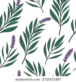 Tropical lavender seamless tile pattern with lush green leaves and vibrant lavender centers on white background ideal for sunny lounges concept as Lush green leaves and vibrant lavender centers on white background create tropical lavender seamless tile pattern for sunny lounges in Photo Stock Concept and empty space on the left side,no text --ar 7:2 --tile