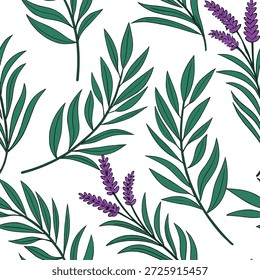 Tropical lavender seamless tile pattern with lush green leaves and vibrant lavender centers on white background ideal for sunny lounges concept as Lush green leaves and vibrant lavender centers on white background create tropical lavender seamless tile pattern for sunny lounges in Photo Stock Concept and empty space on the left side,no text --ar 7:2 --tile