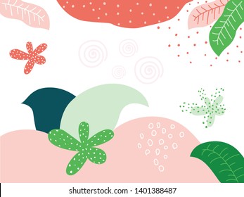 Tropical leaf, abstract shapes, pastel colors trendy background. Vector