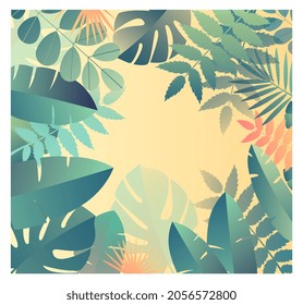 Tropical leaf background. Abstract jungle, slide for presentation. Algae, marine vegetation, flora, green. Bright summer images. Cartoon flat vector illustration isolated on beige background